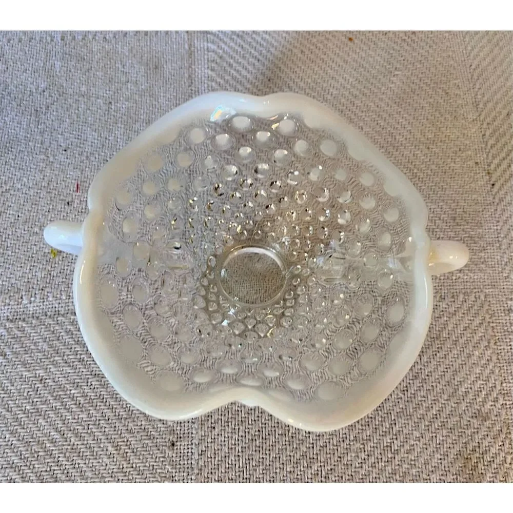 Vintage FENTON Art Glass Handles French Moonstone Opalescent Hobnail CANDY DISH